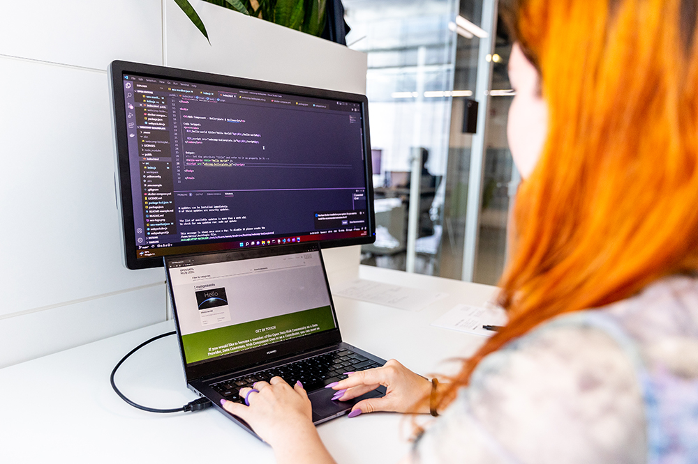 Developer working on creating new web components using Open Data Hub's freely accessible data resources.
