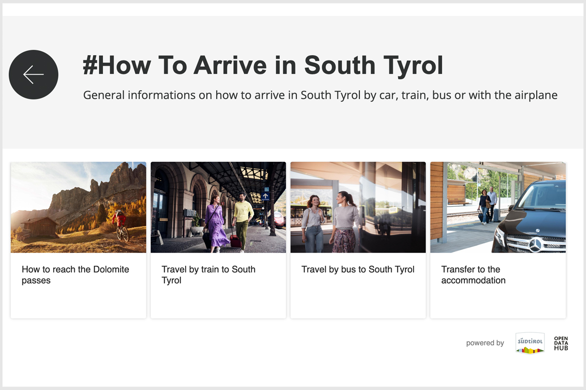 Configuration screen of the “How to Arrive in South Tyrol” web component powered by IDM and Open Data Hub.