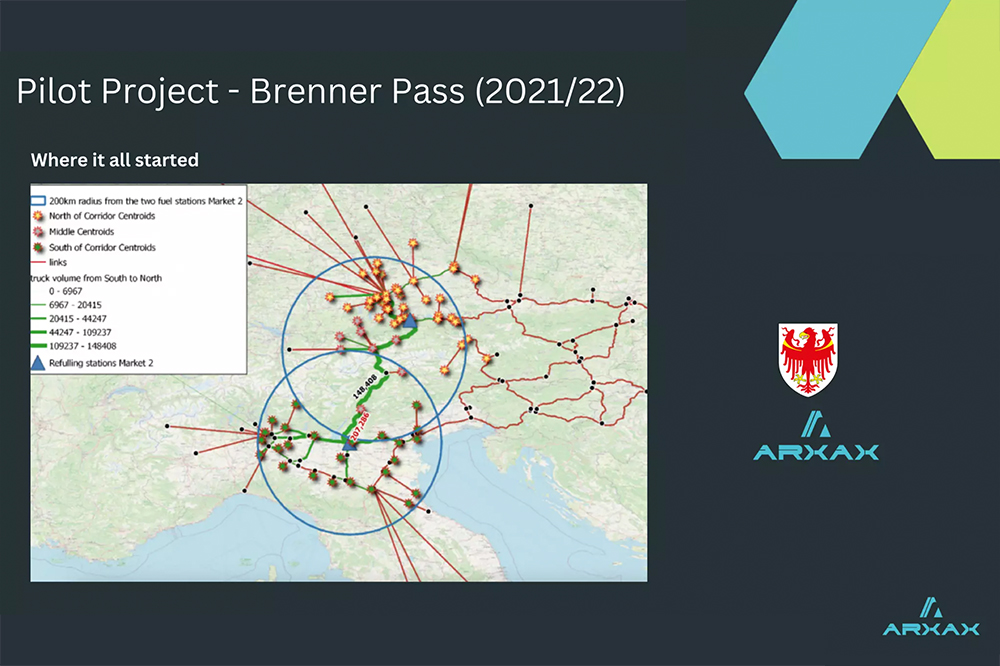 Heavy-duty trucks traveling through the Brenner corridor, a focus area for Arxax's decarbonization efforts.