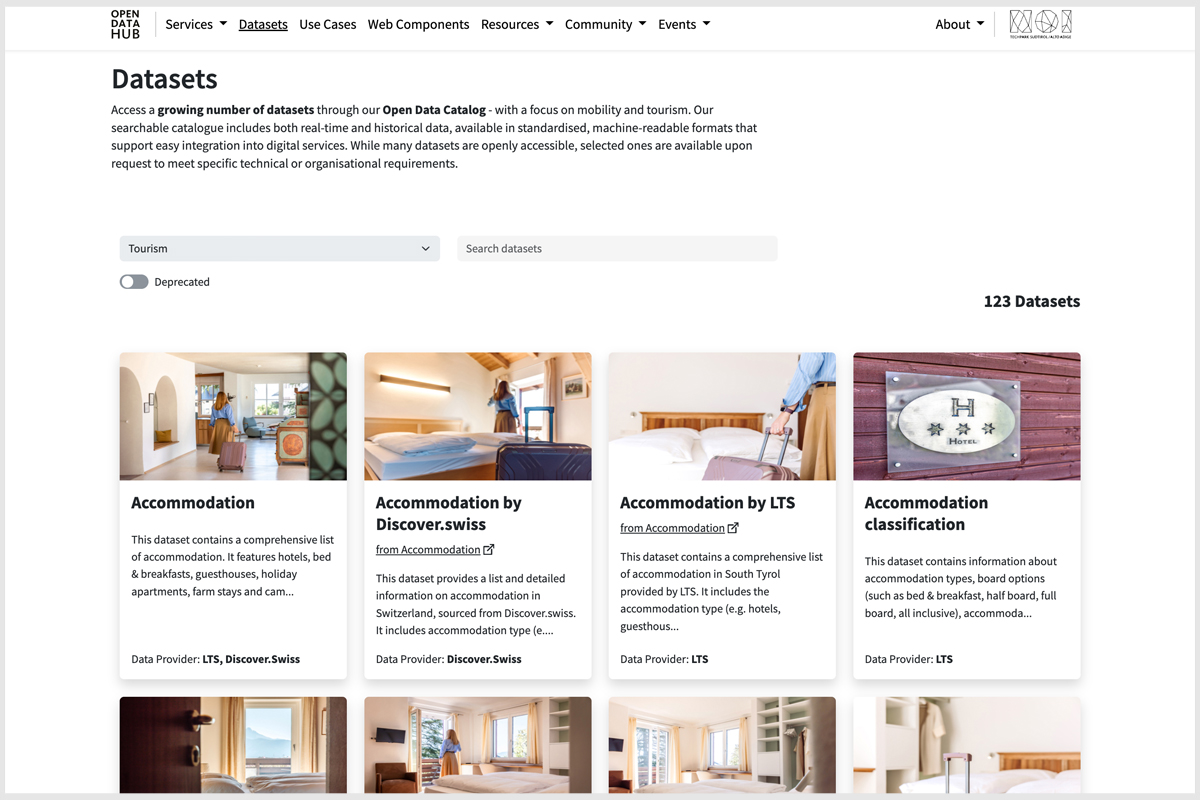Open Data Hub dataset catalogue showing tourism datasets that can provide structured data for AI applications and digital services