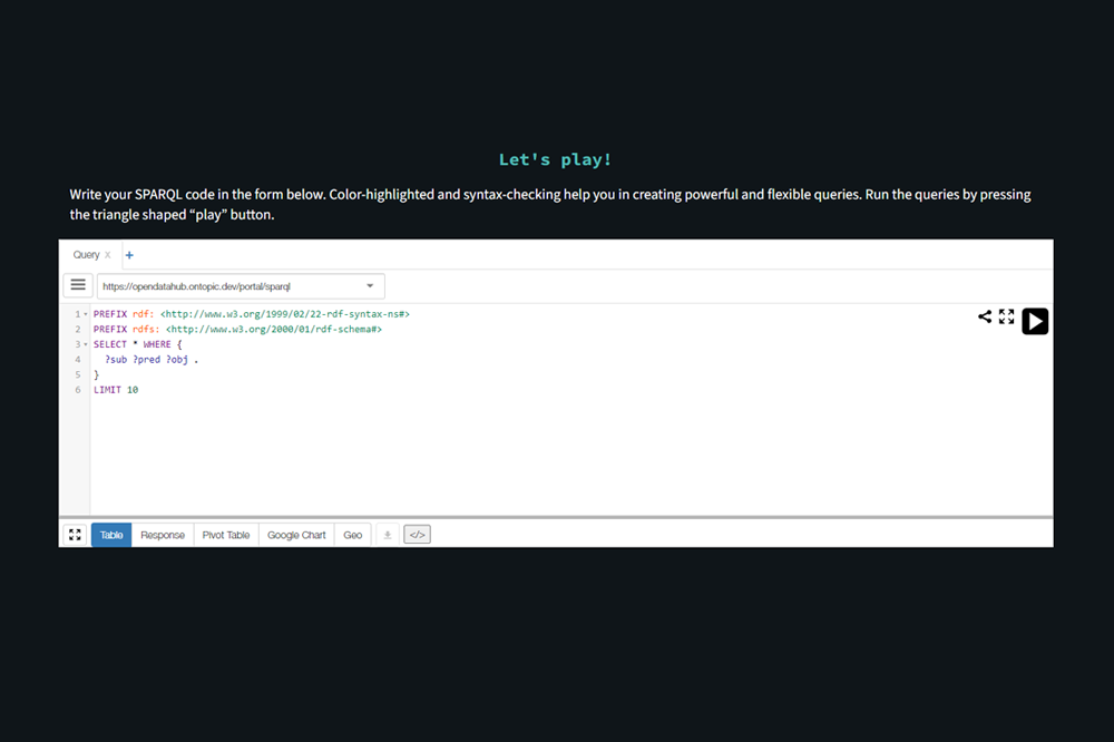Screenshot of Ontopic's SPARQL endpoint interface, enabling users to query real-time mobility and tourism data.