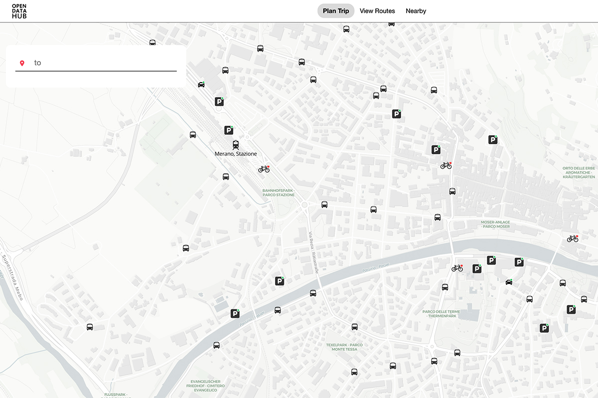 Map view showing Taxi Merano vehicles as part of real-time taxi data integration in the Open Data Hub mobility ecosystem.